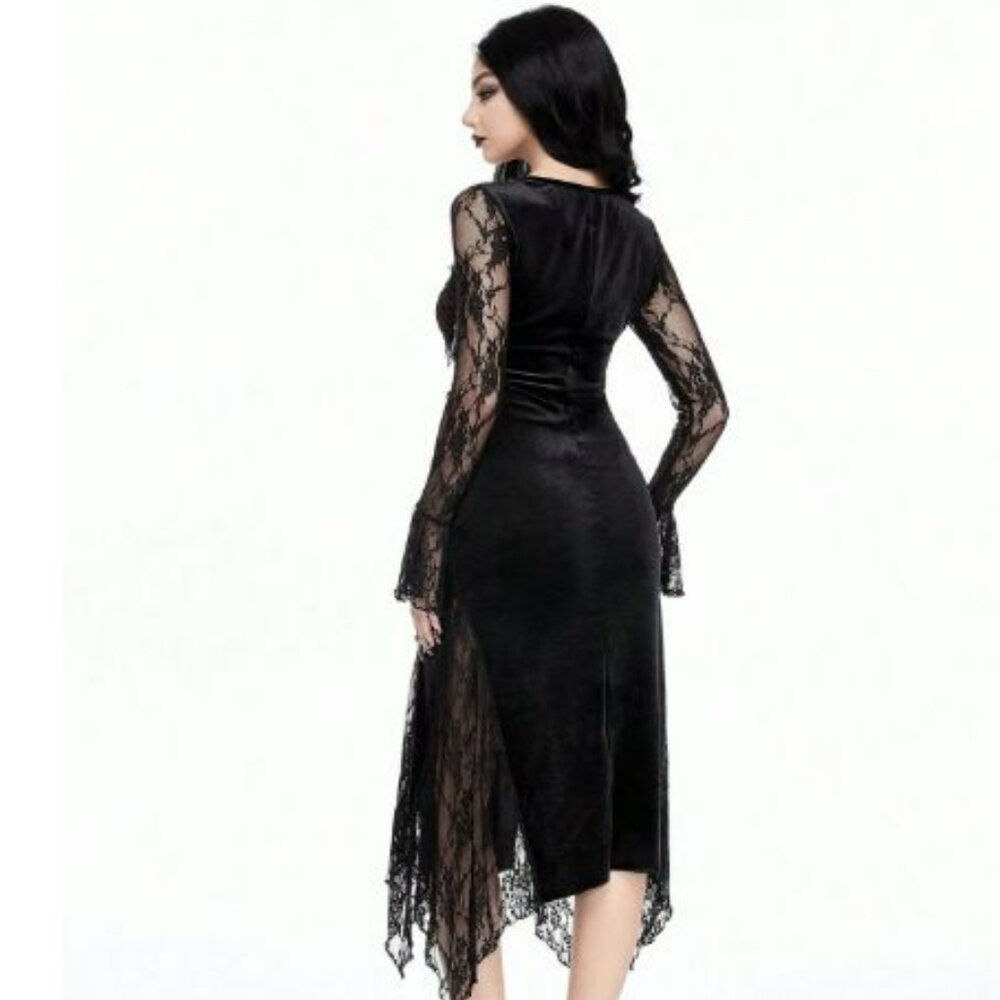 Gothic Black & Red Lace and Velvet Long Sleeve Midi Dress w/ Chain Detail Sz XL - Picture 4 of 16